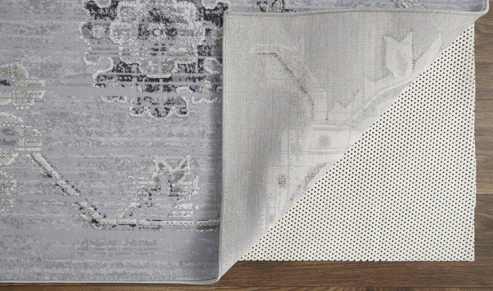 10' X 13' Silver And Black Floral Power Loom Distressed Area Rug