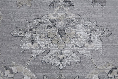 10' X 13' Silver And Black Floral Power Loom Distressed Area Rug