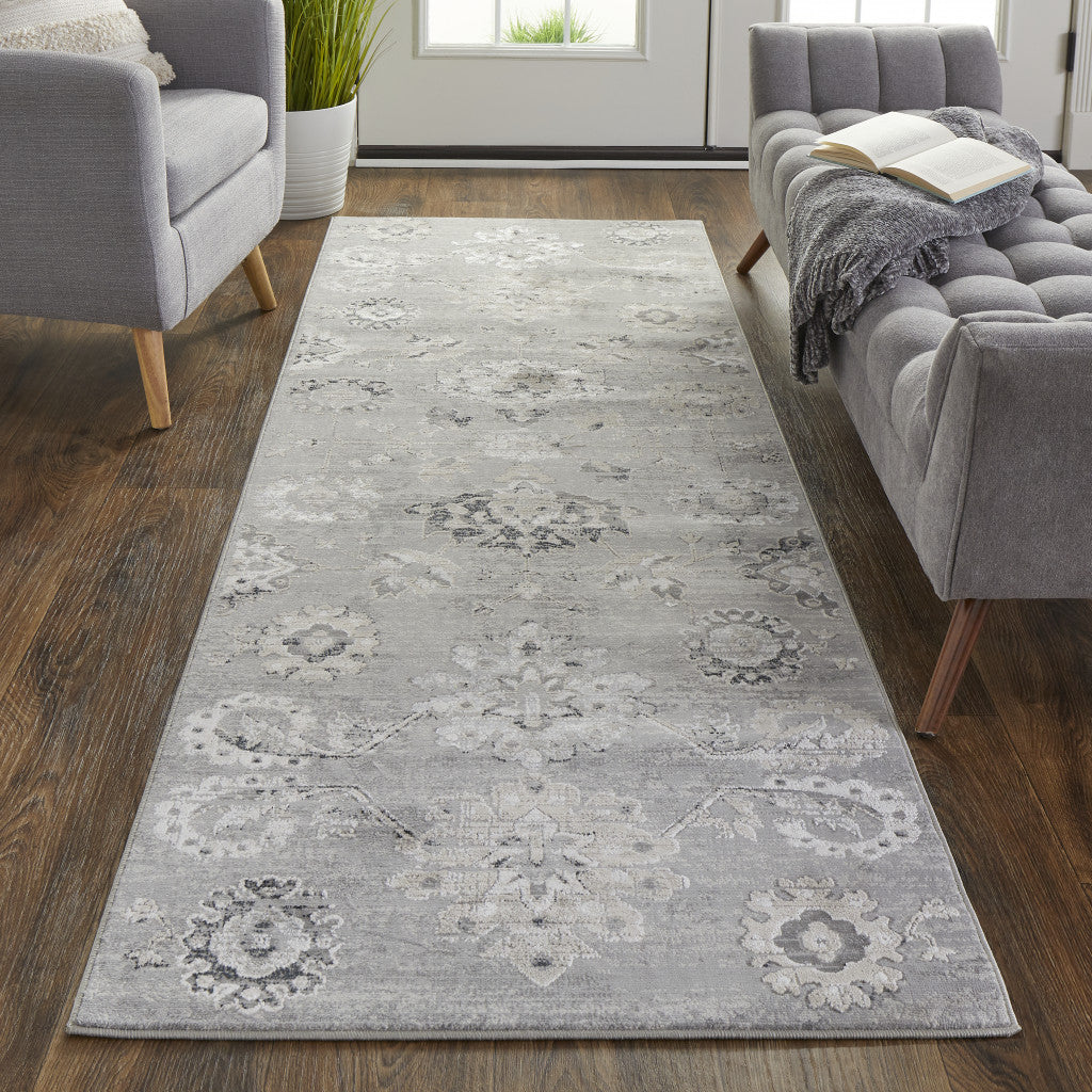 5' X 8' Silver And Black Floral Power Loom Distressed Area Rug