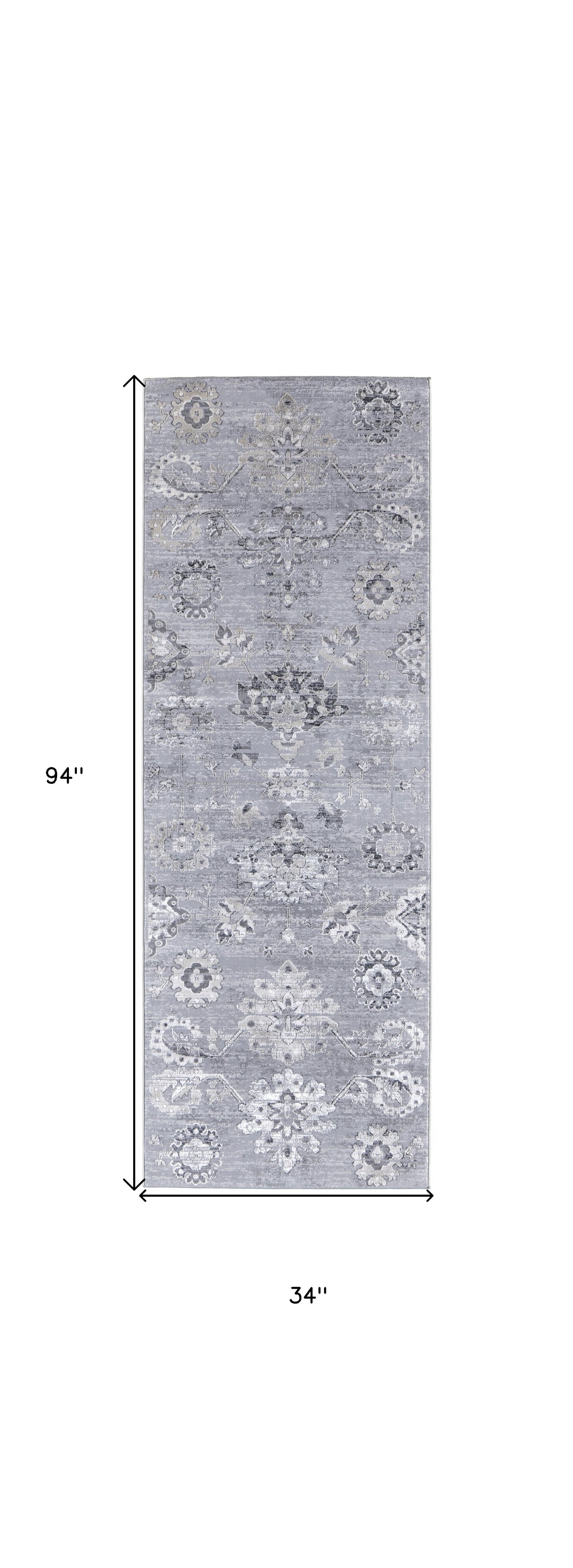 5' X 8' Silver And Black Floral Power Loom Distressed Area Rug