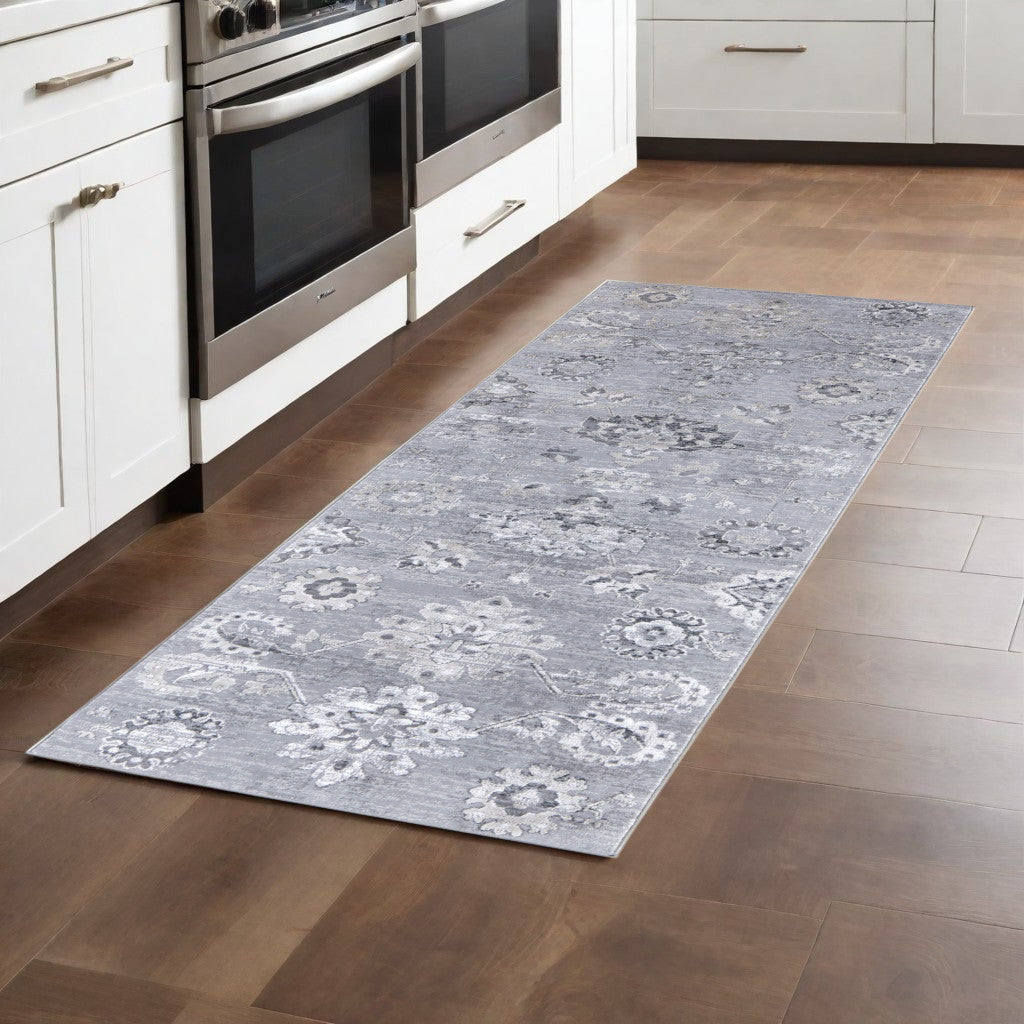 5' X 8' Silver And Black Floral Power Loom Distressed Area Rug