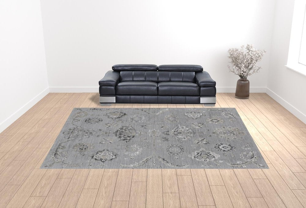 10' X 13' Silver And Black Floral Power Loom Distressed Area Rug
