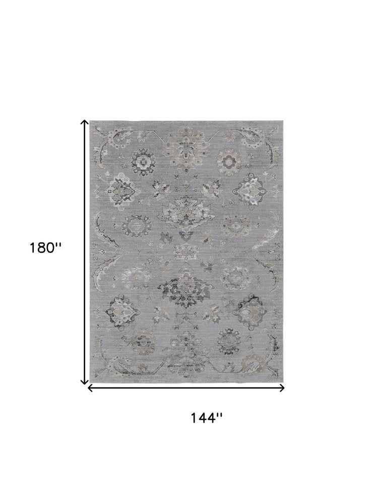 10' X 13' Silver And Black Floral Power Loom Distressed Area Rug