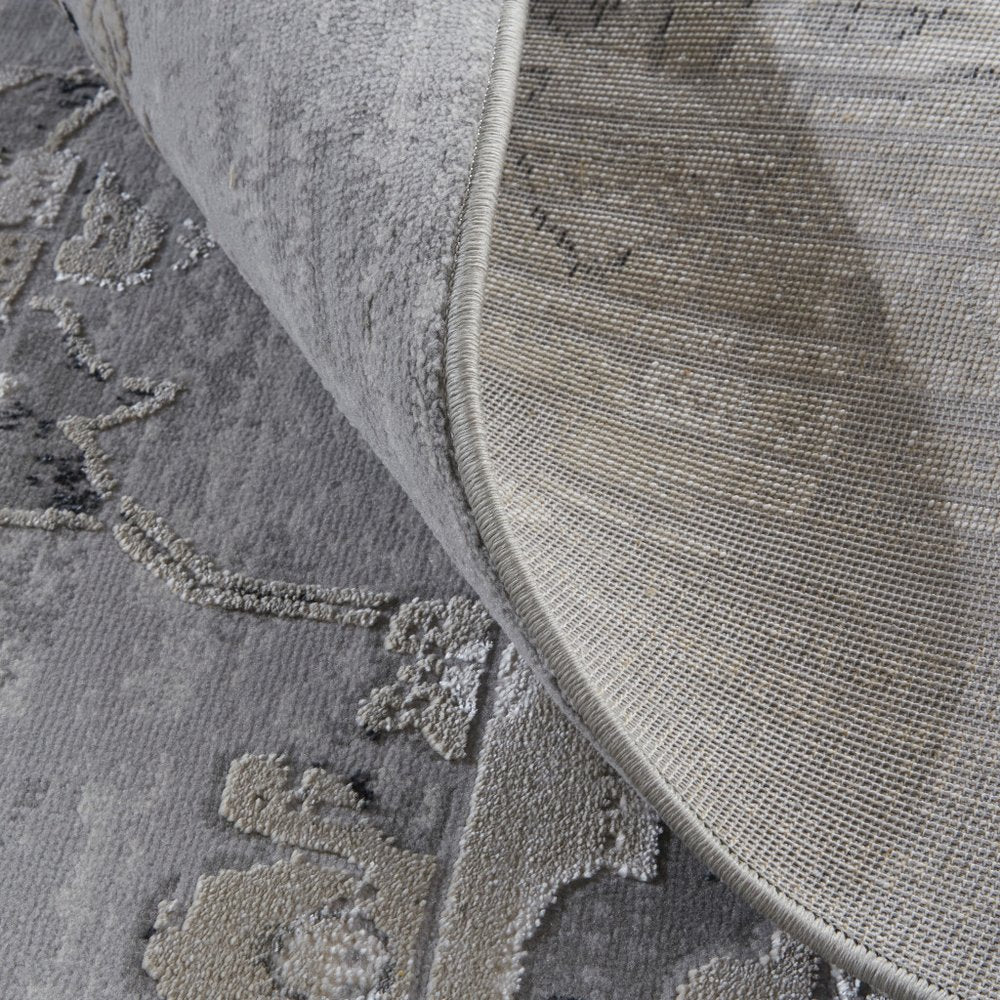 10' X 13' Silver And Black Floral Power Loom Distressed Area Rug