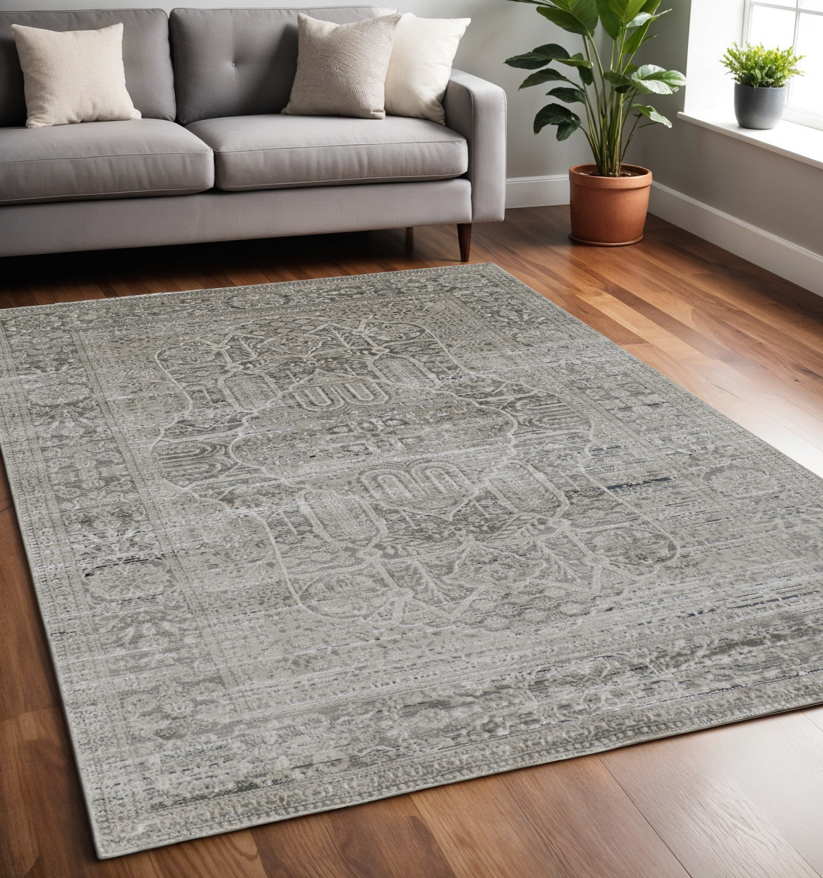 5' X 8' Gray and Ivory Floral Power Loom Distressed Non Skid Area Rug