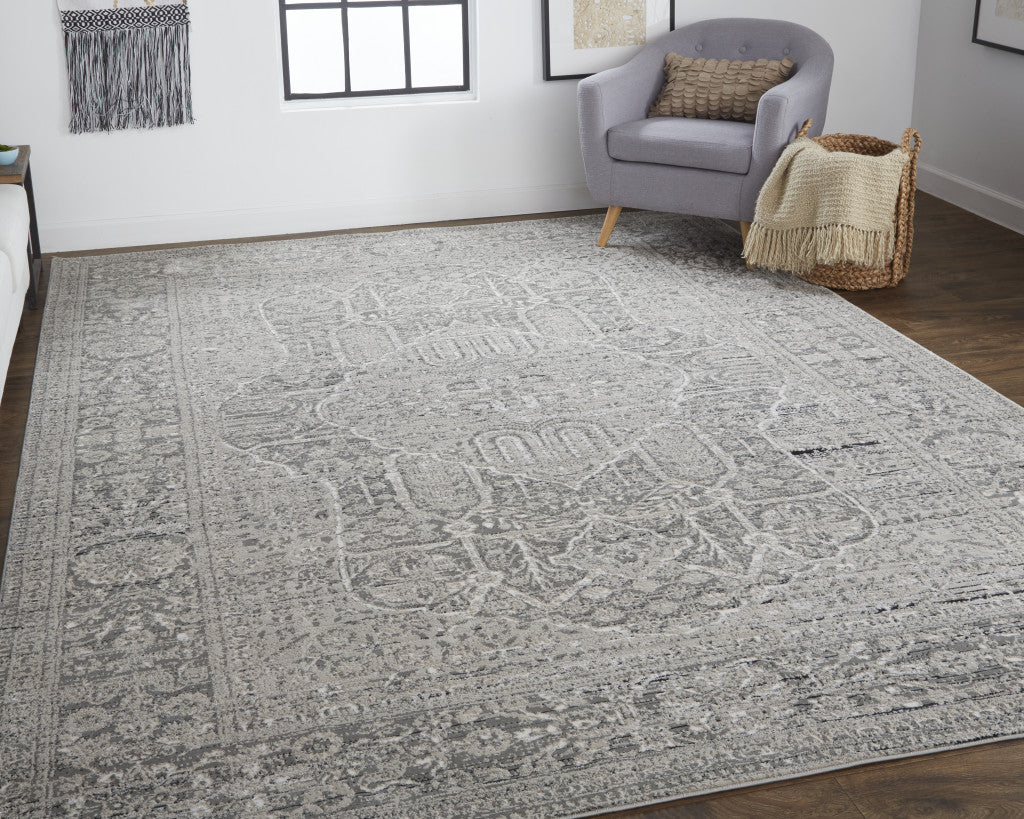 5' X 8' Gray Silver And Taupe Floral Power Loom Distressed Area Rug