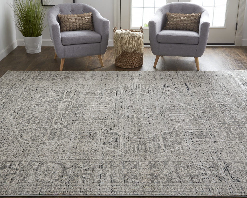 5' X 8' Gray and Ivory Floral Power Loom Distressed Non Skid Area Rug