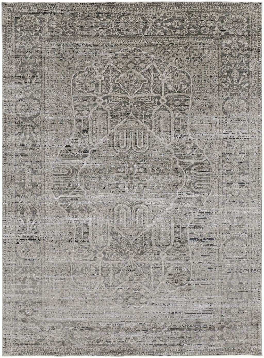 5' X 8' Gray and Ivory Floral Power Loom Distressed Non Skid Area Rug