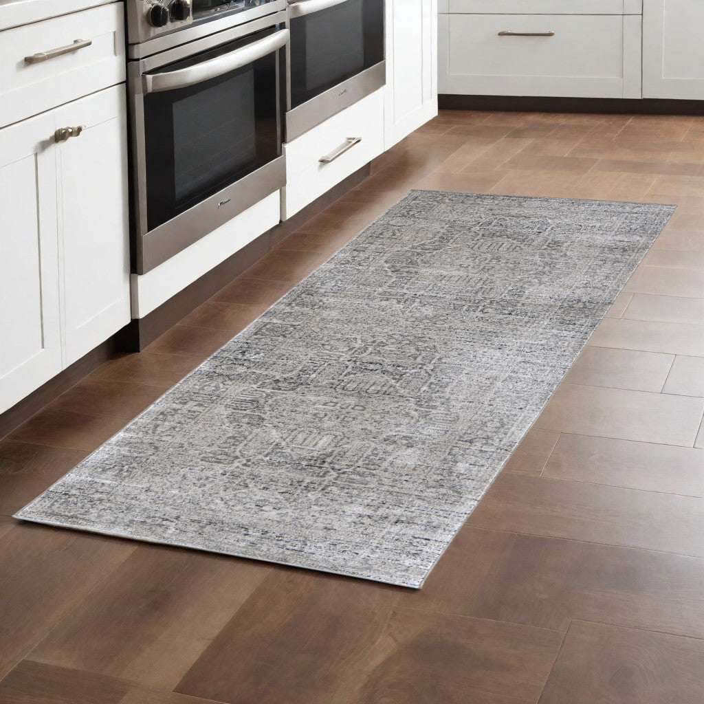 5' X 8' Gray and Ivory Floral Power Loom Distressed Non Skid Area Rug