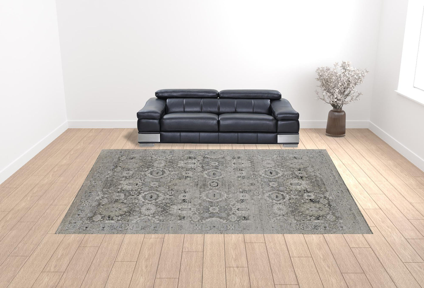 8' Gray And Silver Abstract Power Loom Distressed Runner Rug