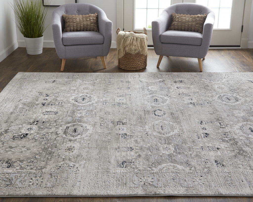 8' Gray And Silver Abstract Power Loom Distressed Runner Rug