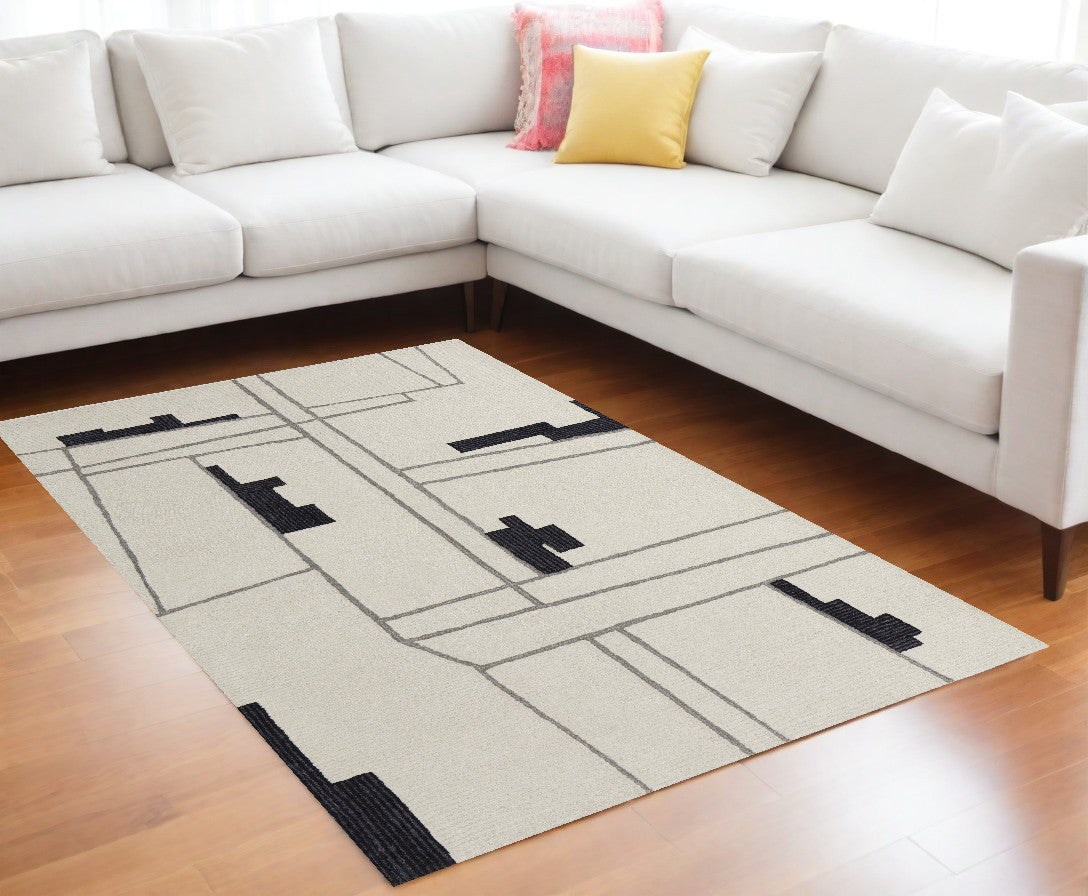 4' X 6' Gray and Ivory Wool Abstract Hand Tufted Area Rug