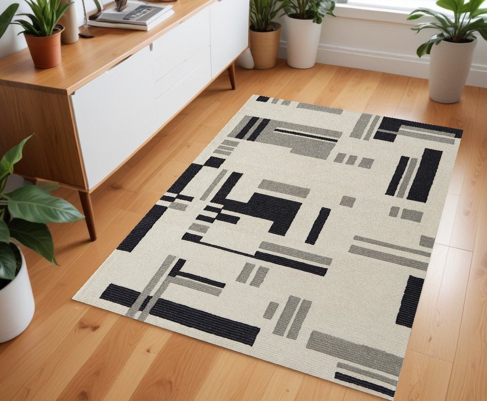 4' X 6' Ivory Black And Gray Wool Abstract Hand Tufted Area Rug