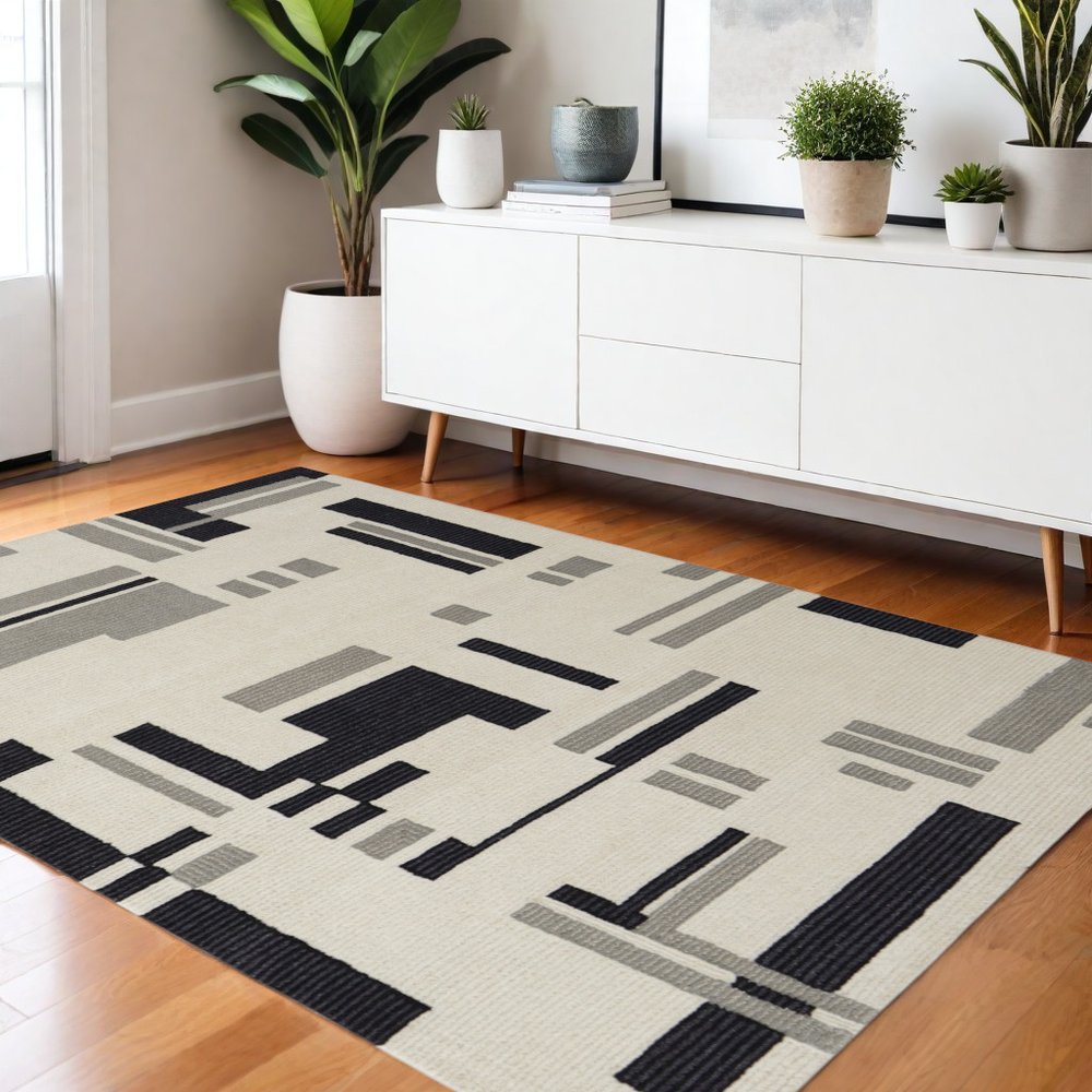 4' X 6' Ivory Black And Gray Wool Abstract Hand Tufted Area Rug