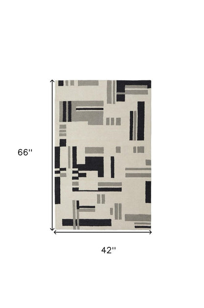 4' X 6' Ivory Black And Gray Wool Abstract Hand Tufted Area Rug