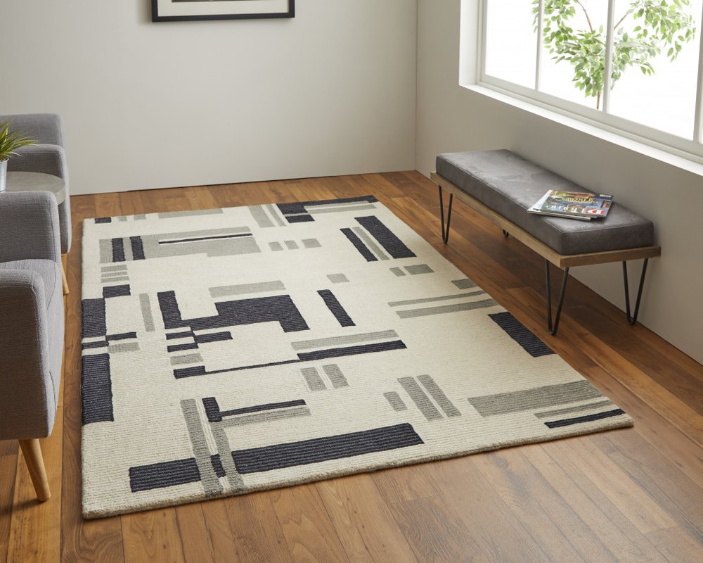 4' X 6' Ivory Black And Gray Wool Abstract Hand Tufted Area Rug