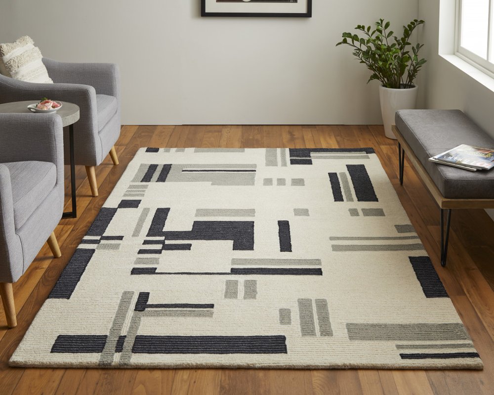 4' X 6' Ivory Black And Gray Wool Abstract Hand Tufted Area Rug