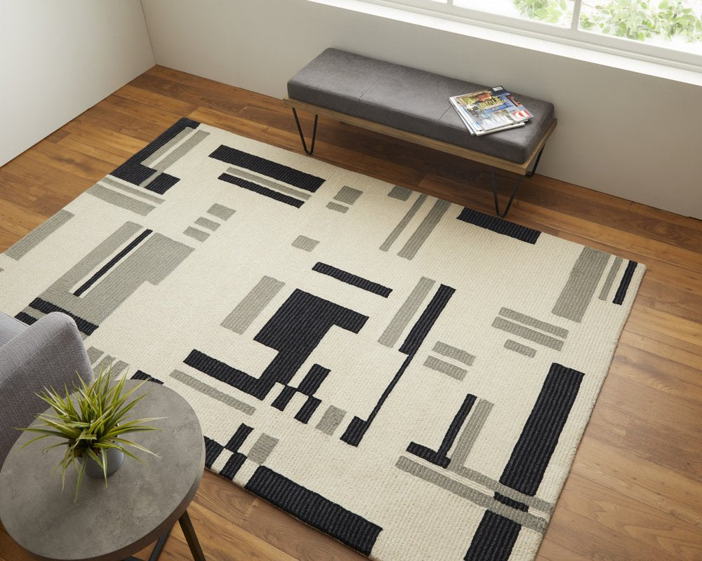 4' X 6' Ivory Black And Gray Wool Abstract Hand Tufted Area Rug