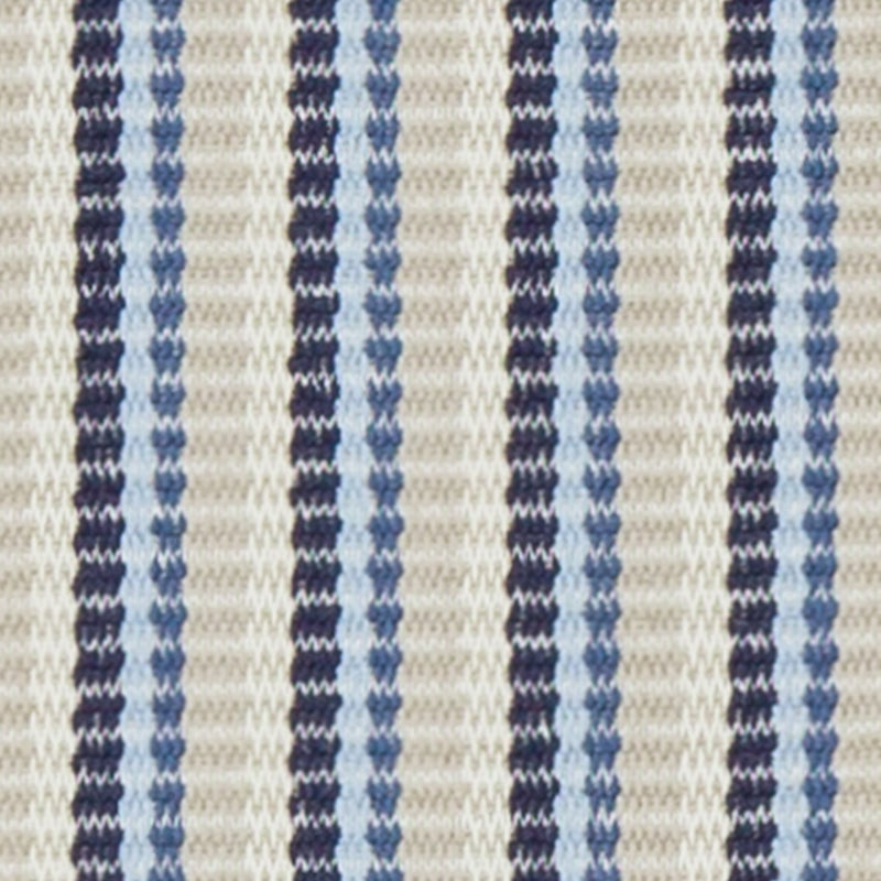 Striped upholstery fabric in cream with navy and light blue vertical stripes; textured fabric.