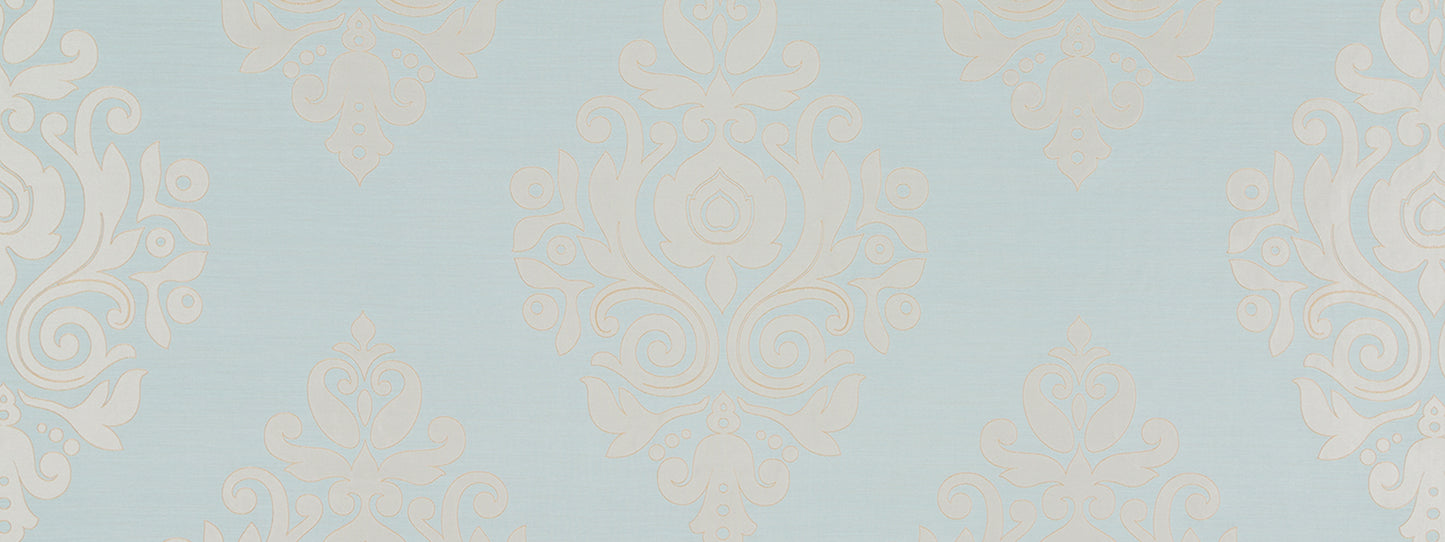 Light blue drapery fabric with beige damask floral pattern and ornate symmetric scrolls.