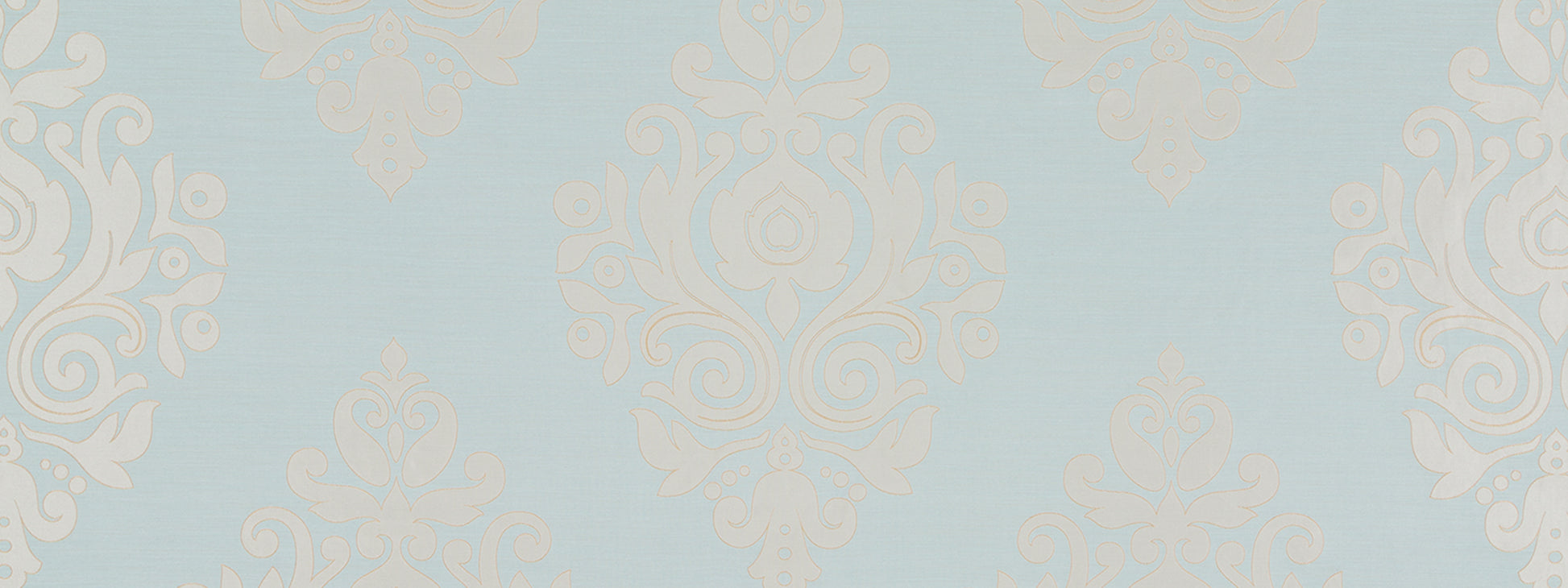 Light blue drapery fabric with beige damask floral pattern and ornate symmetric scrolls.