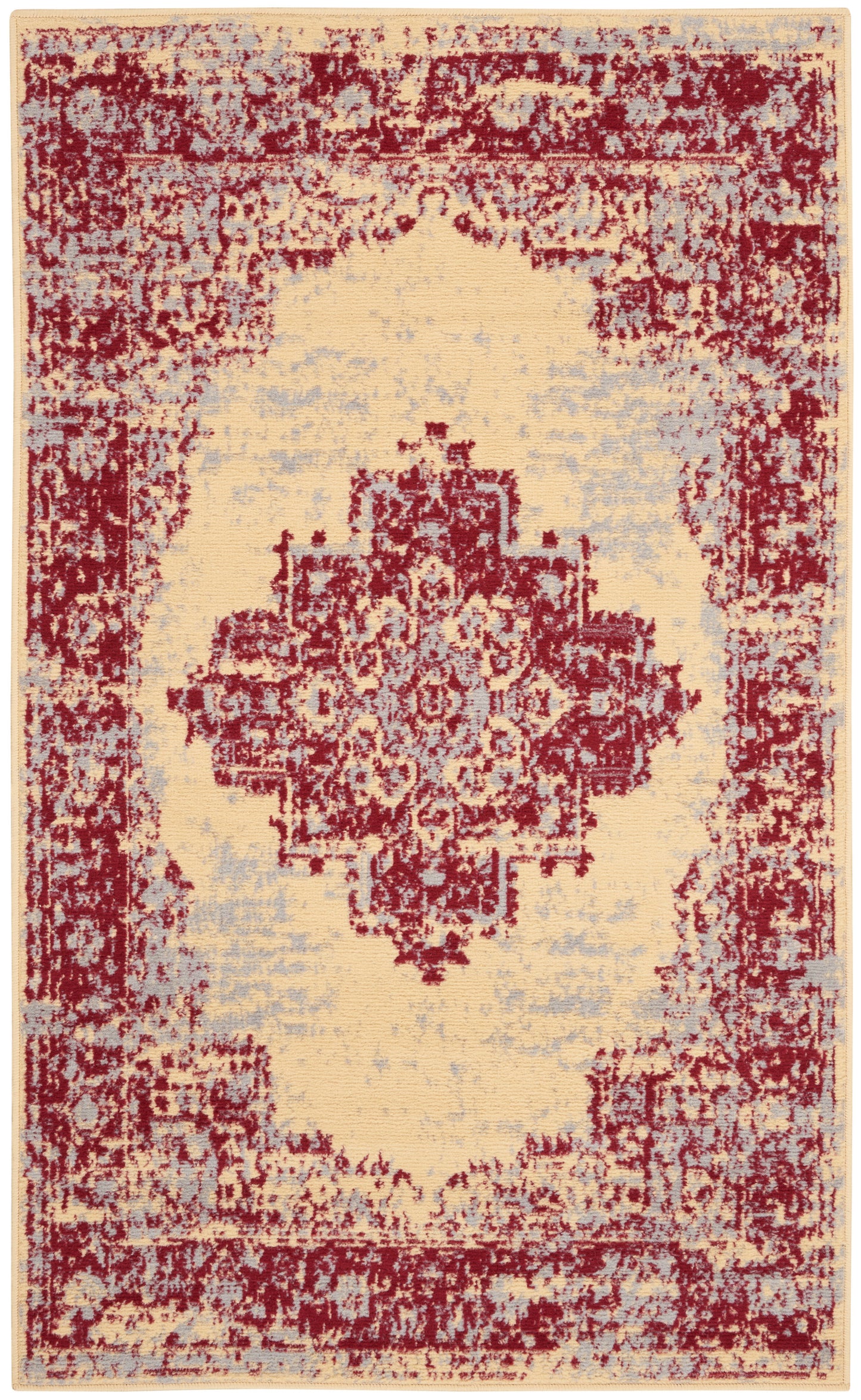 Distressed burgundy oriental rug with cream central field, blue accents & ornate medallion border.
