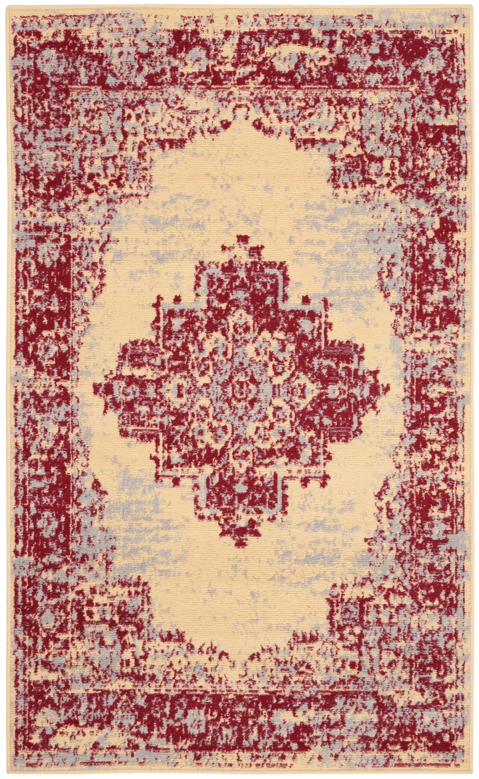 Distressed burgundy oriental rug with cream central field, blue accents & ornate medallion border.