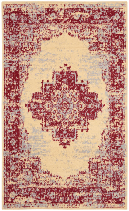 Distressed burgundy oriental rug with cream central field, blue accents & ornate medallion border.
