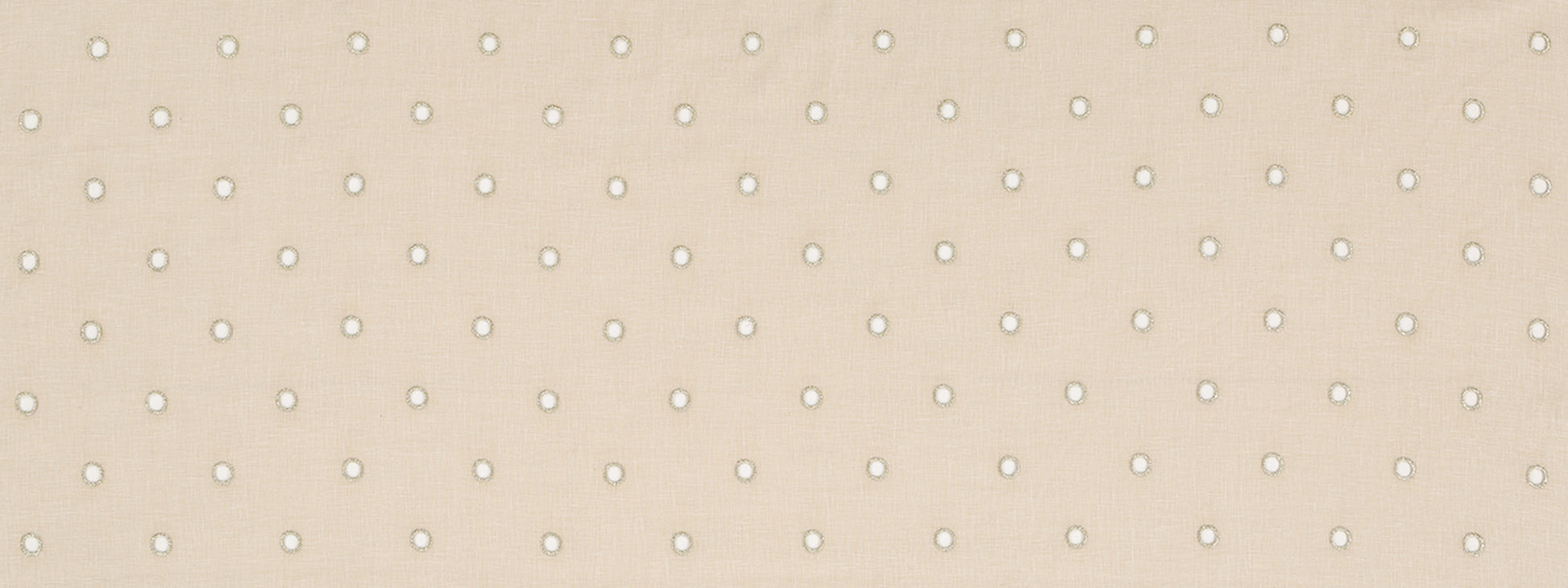 Beige textured drapery fabric with tiny white polka dots in a subtle grid pattern.