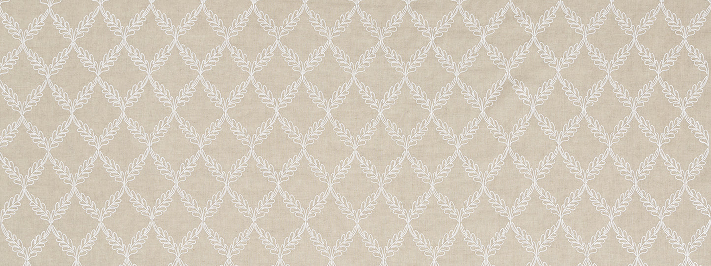 Beige linen drapery fabric with a white interlocking laurel-leaf diamond trellis pattern.