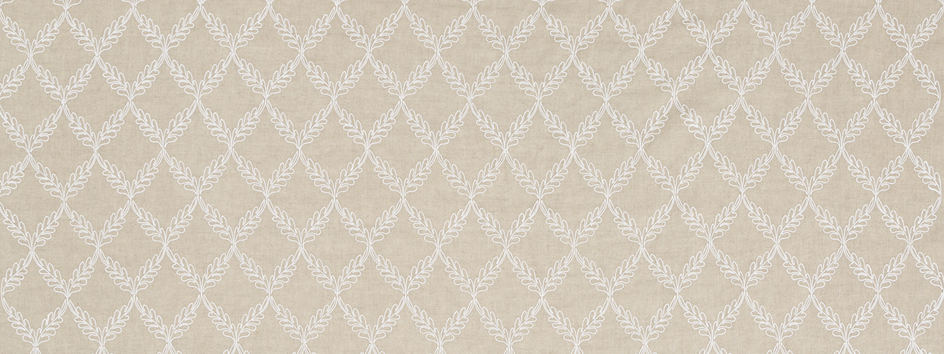 Beige linen drapery fabric with a white interlocking laurel-leaf diamond trellis pattern.