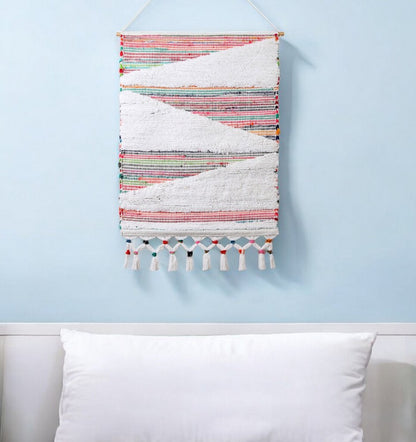 51" X 26" Green Red And White Abstract Wool Hanging Tapestry