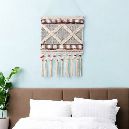 36" X 20" Red And White Geometric Cotton Square Hanging Tapestry