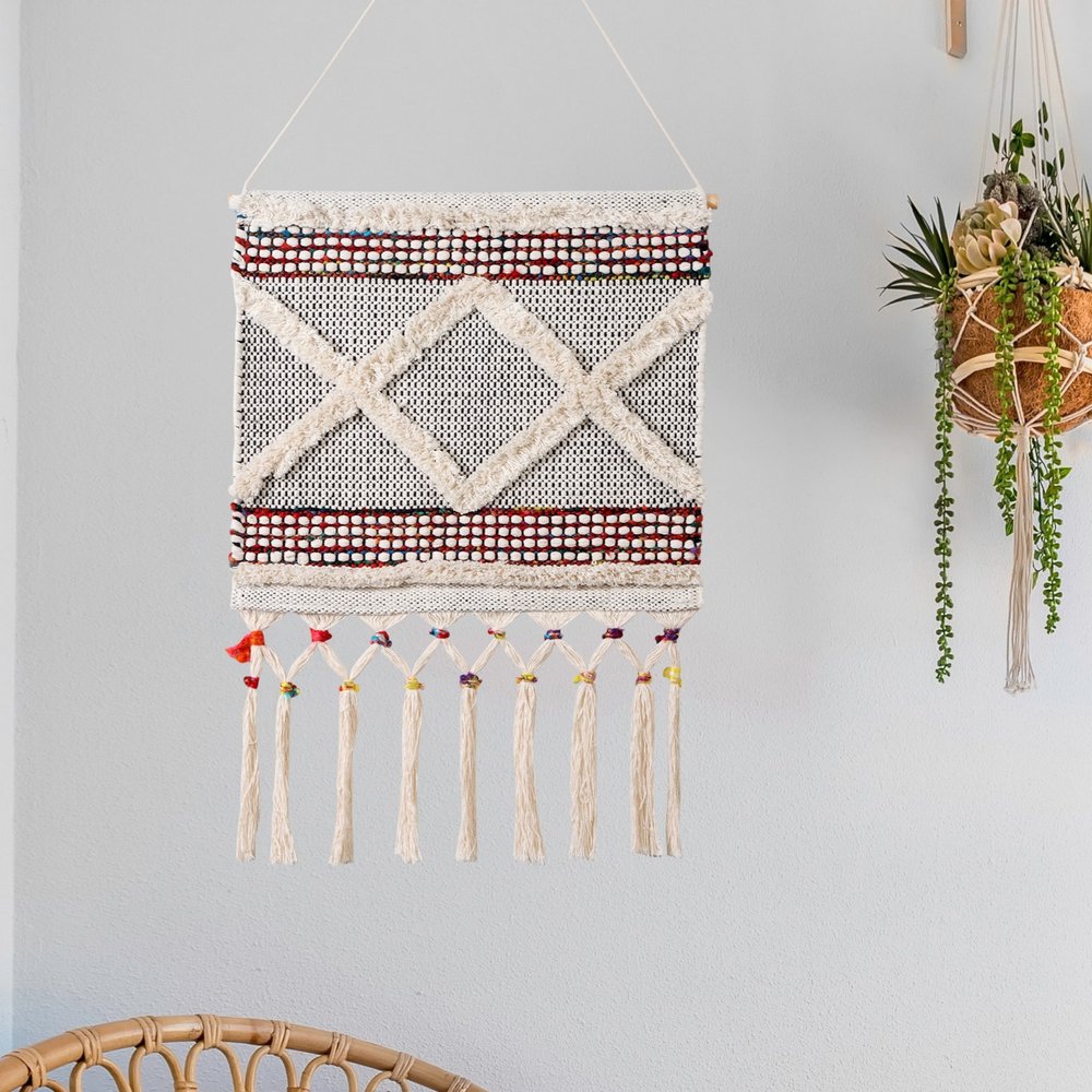 36" X 20" Red And White Geometric Cotton Square Hanging Tapestry