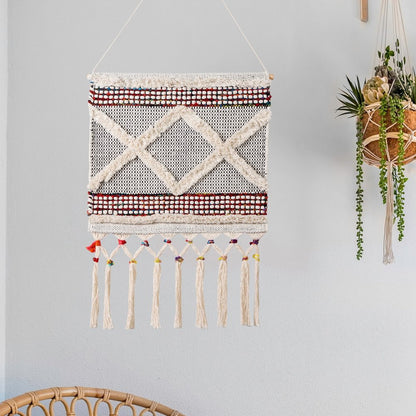 36" X 20" Red And White Geometric Cotton Square Hanging Tapestry