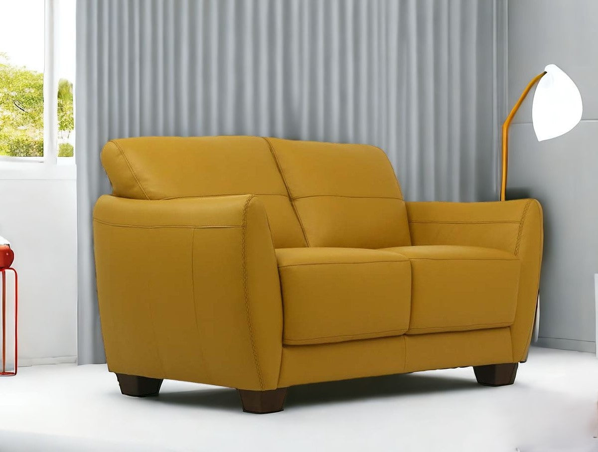 57" Mustard And Brown Leather Loveseat