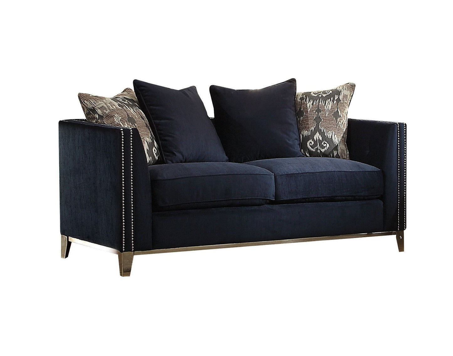 71" Blue And Silver Velvet Loveseat and Toss Pillows