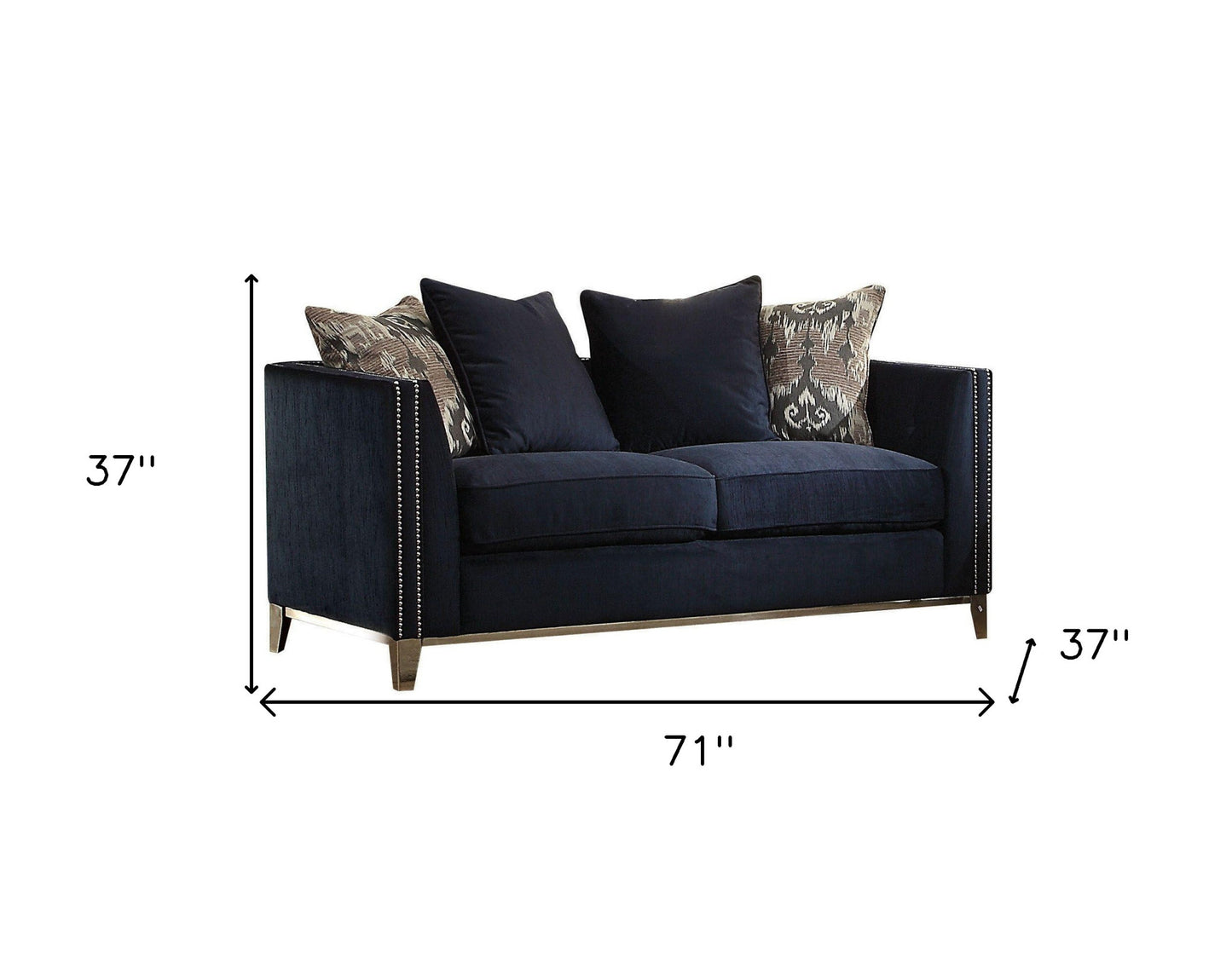 71" Blue And Silver Velvet Loveseat and Toss Pillows