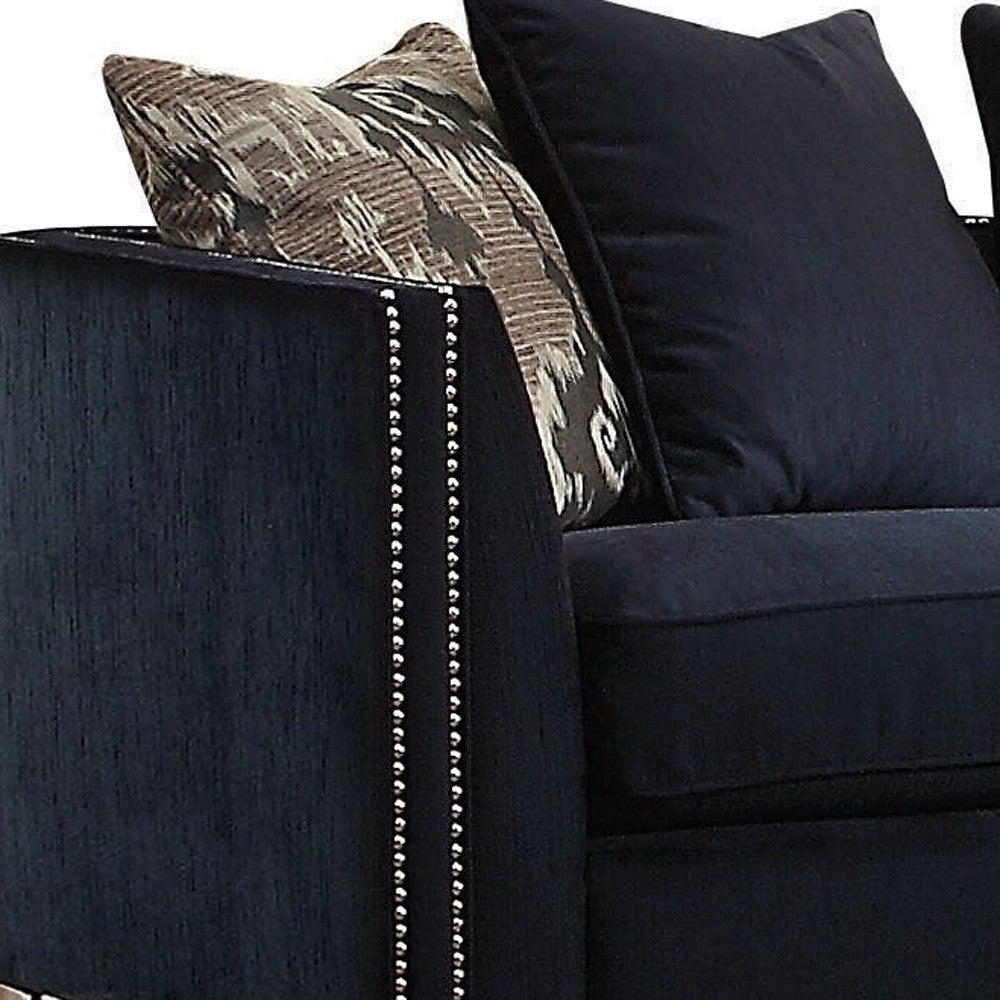 71" Blue And Silver Velvet Loveseat and Toss Pillows