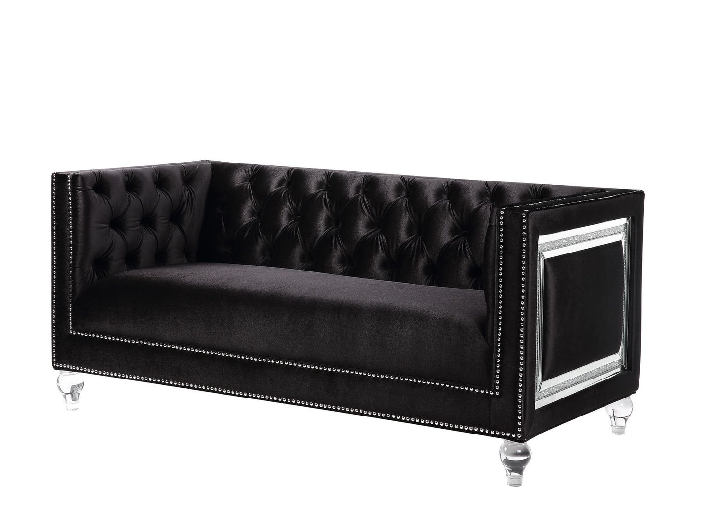 67" Black And Silver Velvet Loveseat and Toss Pillows