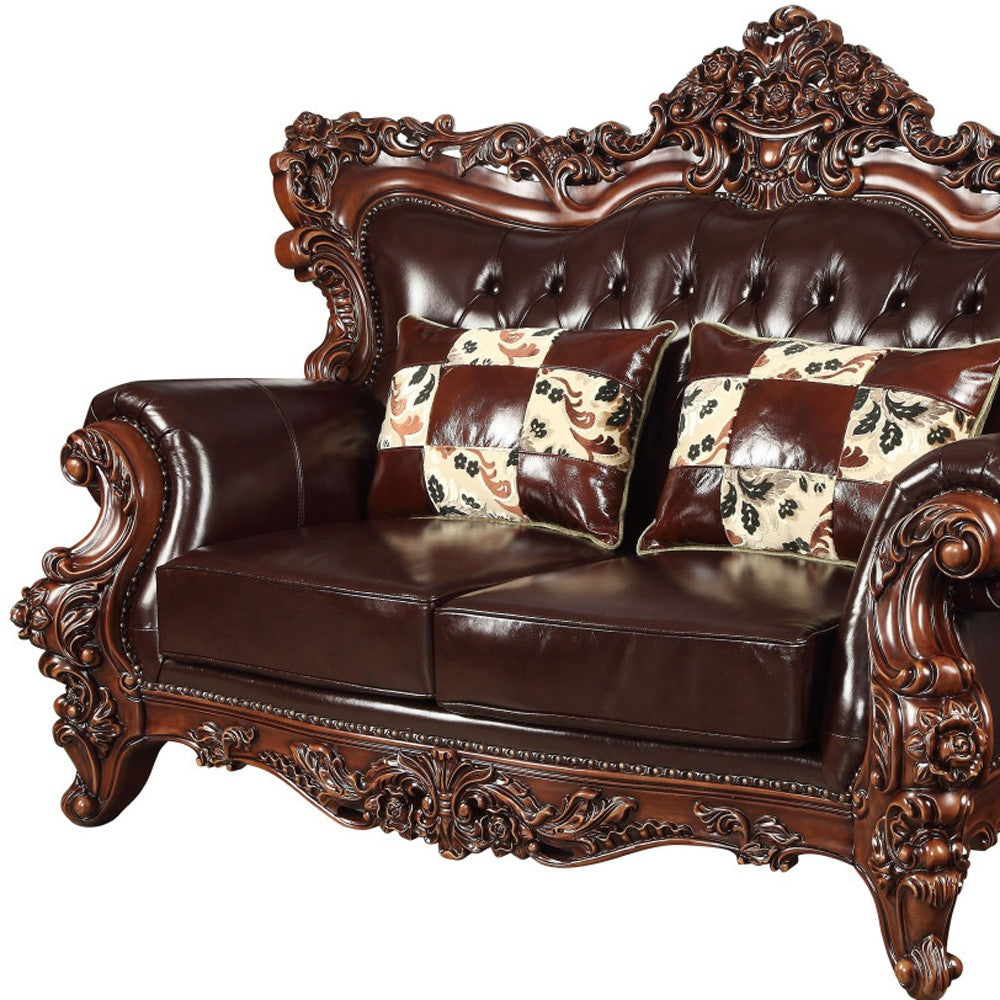 71" Espresso And Brown Faux Leather Curved Loveseat