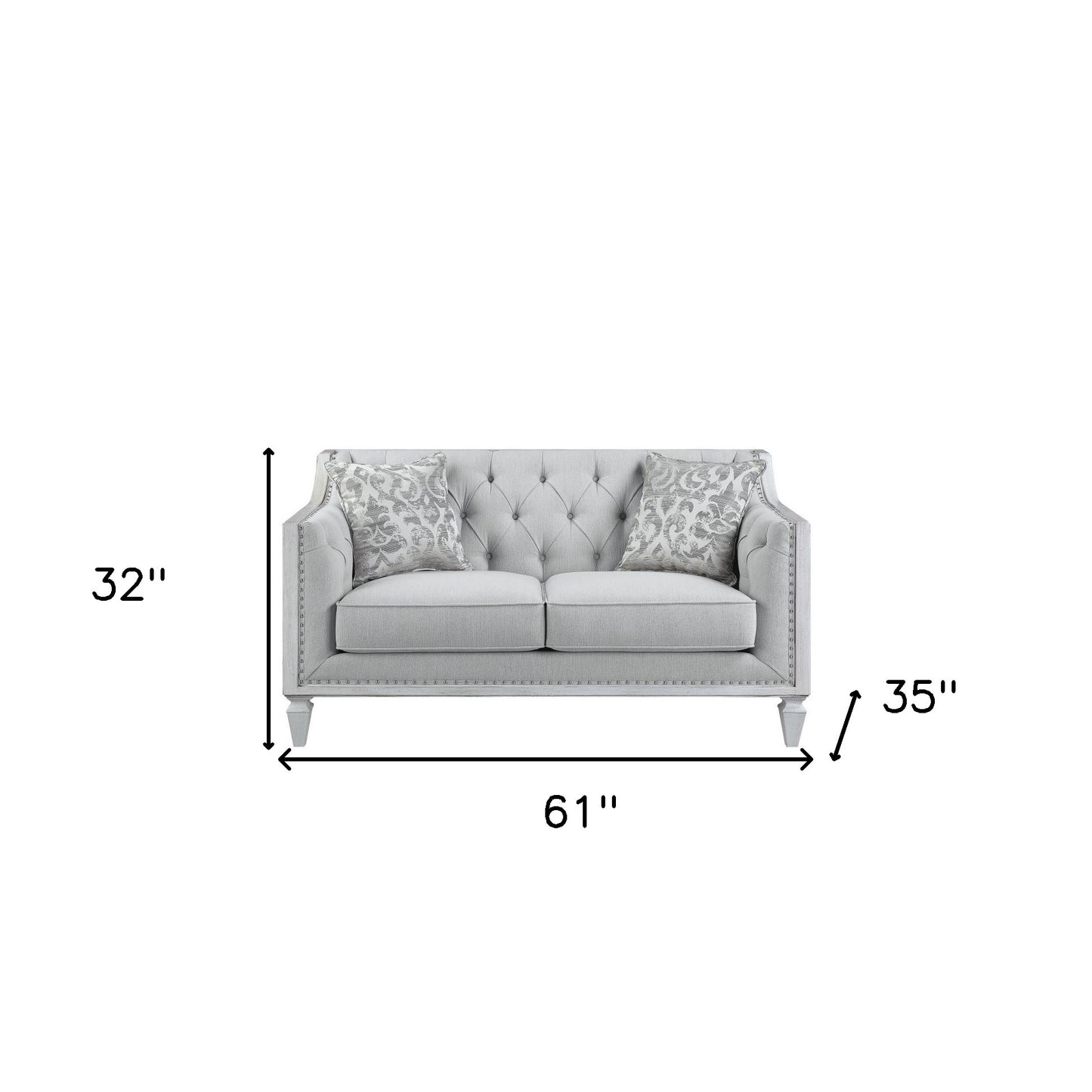 61" Light Gray And Off White Loveseat and Toss Pillows