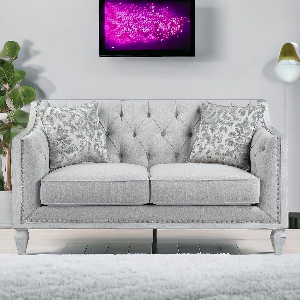 61" Light Gray And Off White Loveseat and Toss Pillows