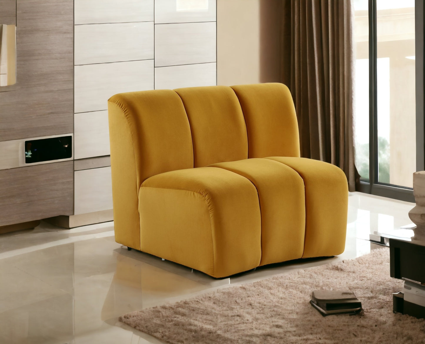 43" Yellow And Black Velvet Slipper Chair