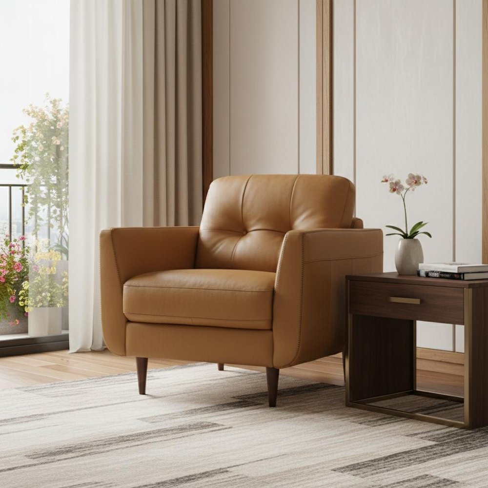 35" Camel and Black Genuine Leather Tufted Arm Chair