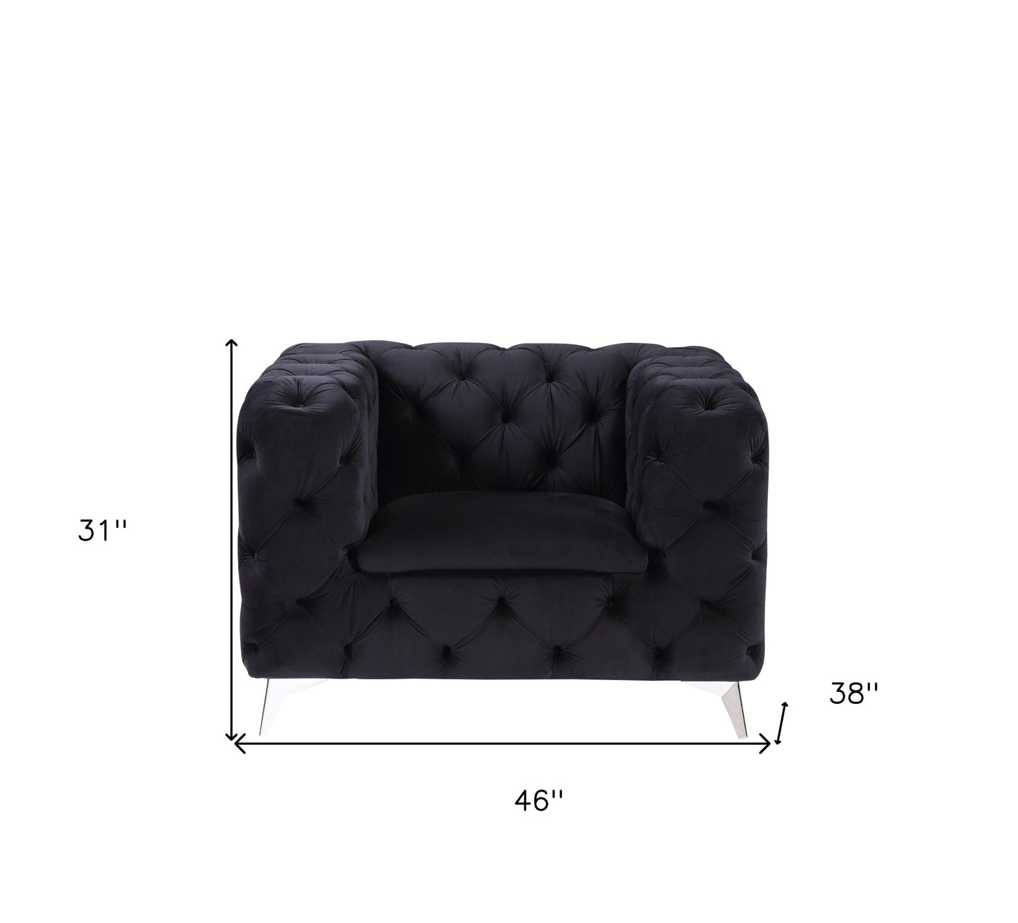 46" Black Velvet And Chrome Tufted Arm Chair