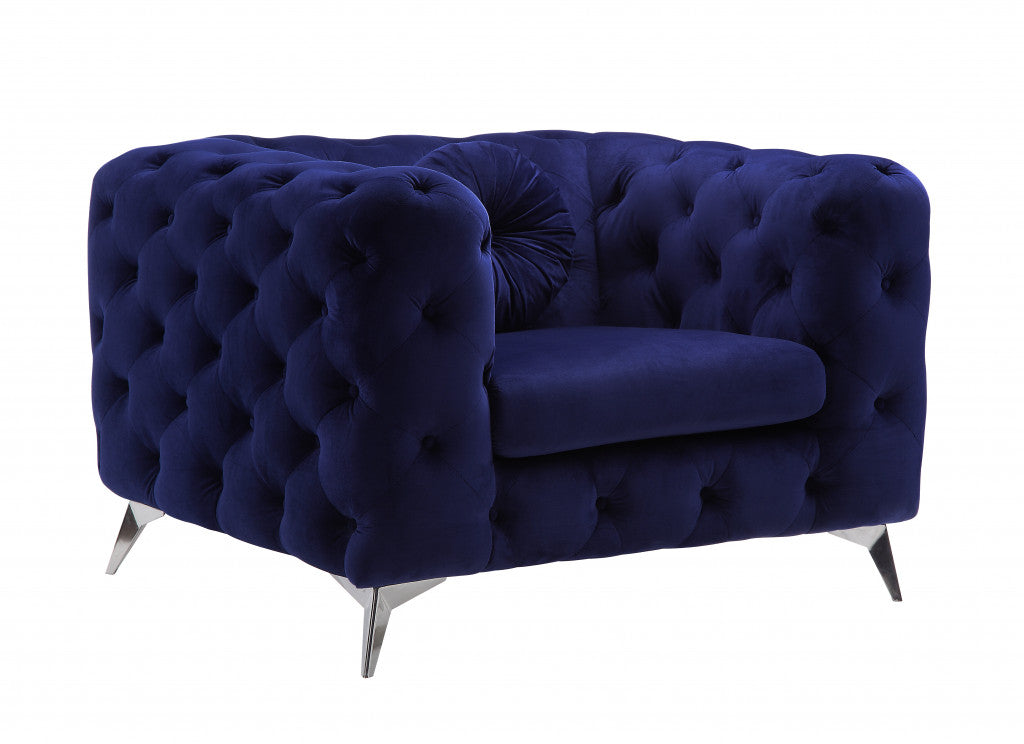 41" Blue Fabric And Black Tufted Arm Chair