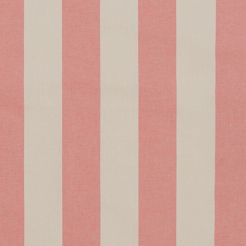 Vertical coral pink and beige striped fabric with a woven texture.