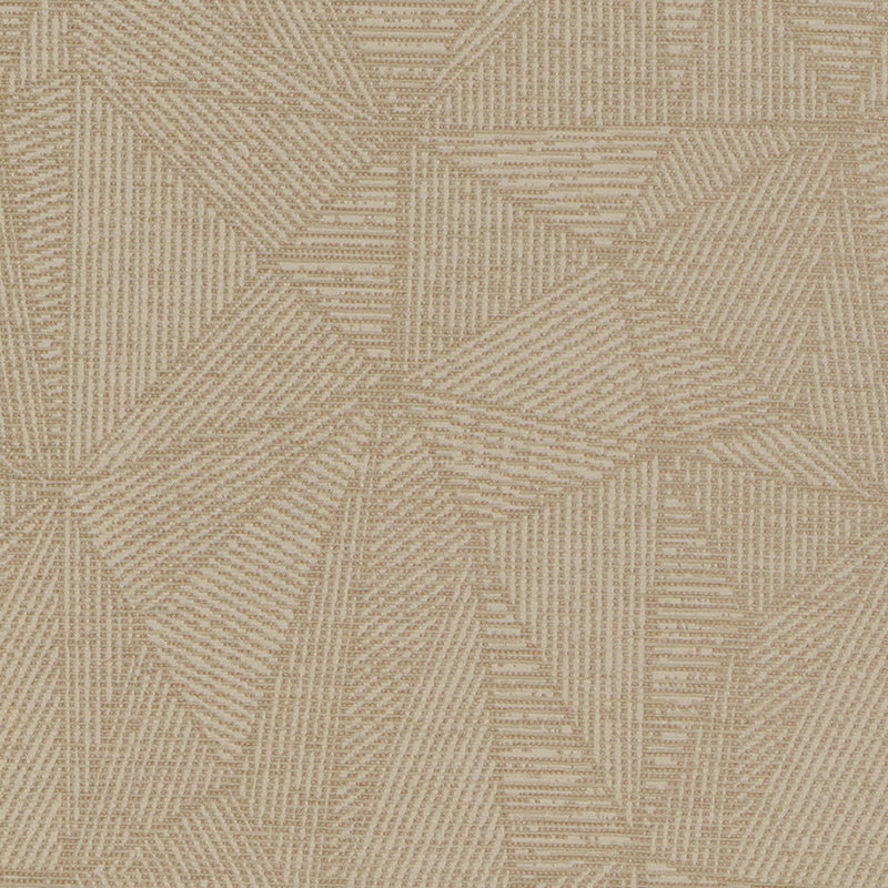 Beige geometric-patterned woven rug with overlapping triangle shapes and textured lines.
