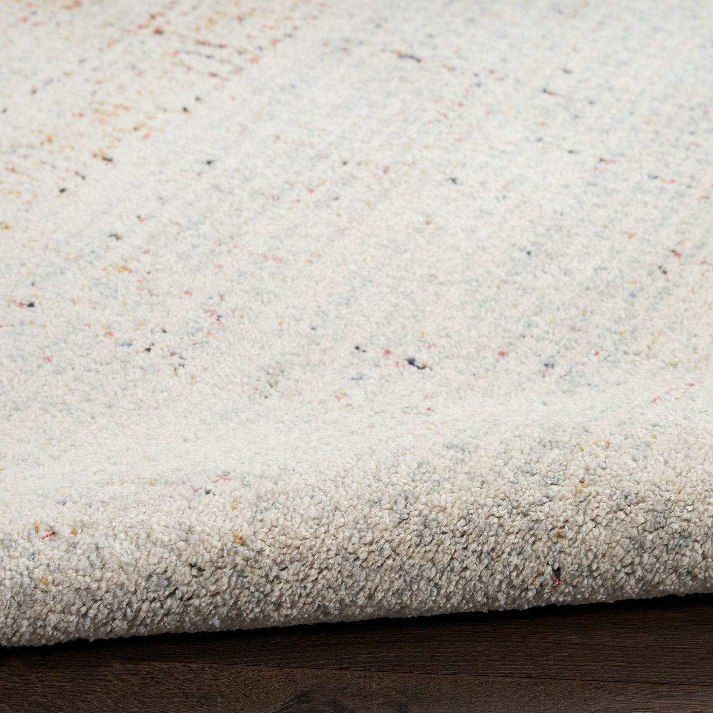 Beige speckled area rug with soft pile; close-up of woven texture and folded edge on dark wood floor.